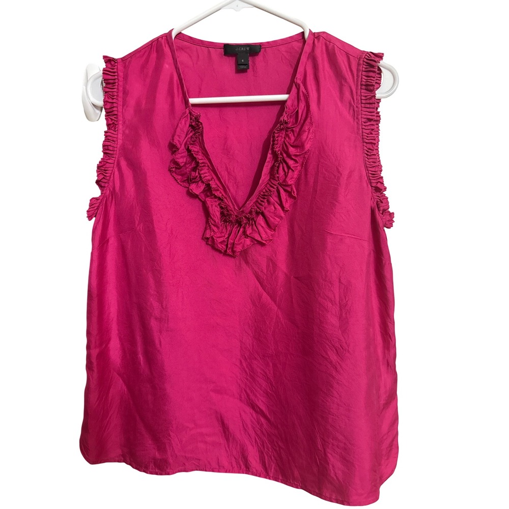 J.Crew Magenta Pink 100% Silk Ruffle V-Neck Sleeveless Blouse Top Size 6